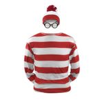 Seaehey Kırmızı beyaz çizgili uzun kollu tişört, çizgili gömlek, gözlük ve bereli sweatshirt, kostümlü oyun, cadılar bayramı, parti kıyafeti, yetişkinler için, Kırmızı, XXL