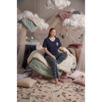 Seamlife Büyük Beden Düğmesiz Viskon Kısa Kollu Palazzo Pijama Takımı-Oversize Üst Geniş Paça Alt - Lacivert - 3XL