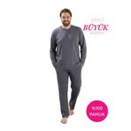 seamlife Gri Erkek Büyük Beden Bisiklet Yaka 3 Düğmeli Mevsimlik Uzun Kol Pijama Takımı