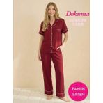 Seamlife Kadın Bordo Maskülen Önden Düğme Gömlek Yaka Dokuma %100 Pamuk Saten Göğüs Cepli Kısa Kol Pijama Takımı - Bordo - Beyaz - 2XL