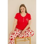 seamlife Kadın Kırmızı Büyük Beden Desenli Bisiklet Yaka 3 Düğmeli Likralı Viskon Kısa Kollu Pijama Takımı