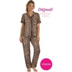 Seamlife Kadın Leopar Desenli Önden Düğme Gömlek Yaka Saten Biyeli Göğüs Cepli Viskon Kısa Kol Pijama Takımı - 2XL