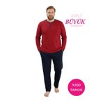 seamlife Kırmızı Erkek Büyük Beden Bisiklet Yaka 3 Düğmeli Mevsimlik Uzun Kol Pijama Takımı