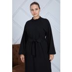 Seamoda Eteği Fırfırlı Uzun Kol Kemerli Tesettür Elbise-siyah