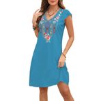 Seasonal Boho kadın elbisesi, yazlık elbise, şık elbise, gündelik, V yaka, folklor işlemeli elbise, evaze, hippi, bol, kısa kollu, plaj elbisesi, yaz, dökümlü, bohem tunik, 755-mavi, S