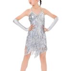 SEAUR Dans elbiseleri, kız çocukları için latin, sırtı açık, payetli püsküllü elbise, salsa samba, balo salonu dans elbisesi, kızlar için, Gümüş., 10-11 Yaş
