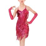 SEAUR Dans elbiseleri, kız çocukları için latin, sırtı açık, payetli püsküllü elbise, salsa samba, balo salonu dans elbisesi, kızlar için, pembe kırmızı, 8-9 Yaş