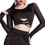 SEAUR Fransen Rock Kadın Latin Dans Eteği/Sarma Gömlek Latin Kostümleri Performans Kıyafeti Rumba Cha Samba Balo Salonu Tango Dans Elbisesi - S M L XL XXL 3XL, File uzun kollu tişört - siyah, 3XL