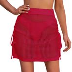SEAUR Kadın tığ işi etek plaj kısa şeffaf plaj eteği ipli sarma etek mini Sarong Pareo tığ işi bikini Cover Up balık ağı Wrap S-XL, Büzgü ipli – pembe kırmızı, M