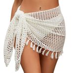 SEAUR Kadın tığ işi etek plaj kısa şeffaf plaj eteği ipli sarma etek mini Sarong Pareo tığ işi bikini Cover Up balık ağı Wrap S-XL, Püsküllü Pareo - Beyaz, M