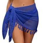SEAUR Kadın tığ işi etek plaj kısa şeffaf plaj eteği ipli sarma etek mini Sarong Pareo tığ işi bikini Cover Up balık ağı Wrap S-XL, Püsküllü Pareo - Mavi, M