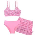 SEAUR Kız çocuk bikini seti, etekli 3 parçalı mayo, dolgulu, genç mayosu, modaya uygun, baskılı, çocuk mayosu, 130 – 160 cm, Pembe., 150
