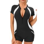 SEAUR Mayo Kadın Kısa Kollu Kupalı Sörf Kıyafeti Fermuarlı Tek Parça Rash Guard Mayo Boyleg Şort Mayo - S-3XL, Siyah, XXL