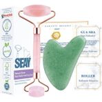 Seay Pembe Kuvars Face Roller Ve Aventurin Kalp Gua Sha Yüz Masaj Aleti Seti Doğaltaş Sertifikalı - Yeşil