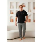 Seboteks %100 Pamuklu Yakası Düğmeli Kısa Kollu Cepli Büyük Beden Erkek Pijama Takımı 2009 - Siyah - 4XL
