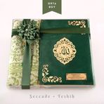 Seccade + Tesbih + Kuran Hediye Seti (Orta Boy, Kadife, Zeytin Yesili, Lafzatullah)