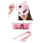 Secret Fantezi Deri Seksi Pembe Kedi Maske Kelepçe Kırbaç Seti ( 3'lü set) BC5368