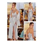 secret night beyaz renkli güpür detaylı saten gecelik 2 li takım sabahlık ve gecelik elbise pijama takımı ebru XL