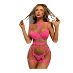 secret night fantezi jartiyer takımı iç giyim seksi fantazi kostüm pembe renkli seksi kadın iç giyim sütyen külot pembe L