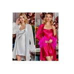 secret night gecelik takımı saten pijama gecelik ve sabahlık takımı kollar tüylü kadın giyim siyah L
