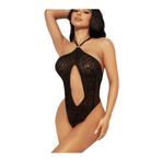 secret night göbek dekolteli tüllü ve desenli body gecelik babydoll siyah L/XL