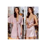secret night saten gecelik takımı dantel ve tül detaylı 2 li gecelik ve sabahlık pijama takımı pudra L