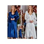 secret night siyah gecelik takımı saten pijama gecelik ve sabahlık takımı kollar tüylü kadın giyim lacivert XL