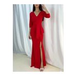 Secret Passion Lingerie Esnek Krep Kumaş V Yaka Belinde Volan Detay Kırmızı Uzun Abiye Elbise Yırtmaçlı Elbise 58570 634