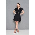 Secret Passion Lingerie Kadın Taşlı Kemer Tasarımlı Balon Kol Kruvaze Yaka Siyah Mini Kloş Abiye Elbise 77125