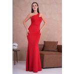 Secret Passion Lingerie Kırmızı Scuba Krep Kumaş Asimetrik Tek Askı Tasarım Maxi Abiye Elbise 582211