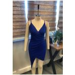 Secret Passion Lingerie Kruvaze Yaka Asimetrik Kesim Ince Askılı Esnek Krep Kumaş Saks Mavisi Mini Elbise Abiye Elbise 073