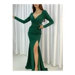 Secret Passion Lingerie Kruvaze Yaka Uzun Kollu Yeşil Renk Yırtmaçlı Kemerli Uzun Abiye Ve Mezuniyet Elbisesi 714 582256