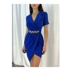 Secret Passion Lingerie Q Esnek Mavi Krep Kumaş Ceket Yaka Kısa Kollu Asimetrik Mini Abiye Ve Mezuniyet Elbisesi 582212 706