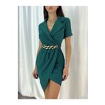 Secret Passion Lingerie Q Esnek Yeşil Krep Kumaş Ceket Yaka Kısa Kollu Asimetrik Mini Abiye Ve Mezuniyet Elbisesi 582212 706