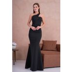 Secret Passion Lingerie Siyah Scuba Krep Kumaş Asimetrik Tek Askı Tasarım Maxi Abiye Elbise 582211