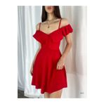 Secret Passion Lingerie TKN-EMR-077 Esnek Krep Kumaş Yakası Volan Detaylı İnce Askılı Kloş Kırmızı Abiye Elbise