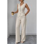 Secret Sita Kadın Askılı Önden Düğmeli Bluz ve Pantolon Keten Ikili Takım - Bej - Regular Fit
