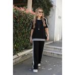 Secret Sita Kadın Kısa Kollu Bisiklet Yaka Çift Renk Şerit Detaylı Viskon Iki Iplik Bluz ve Pantolon Ikili Takım - Siyah - Regular Fit - 2XL - 3XL