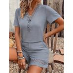 Secret Sita Kadın Kısa Kollu V Yakalı Bluz ve Short Ikili Takım - Gri - Regular Fit - 2XL - 3XL