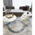 Sedaş Living Units 4 Lü Beyaz Mermer Temperli Kırılmaz Cam Gold Metal Ayaklı Cam C Model Sehpa Takımı (Zigon ve Orta) - 70 X 45 , 47 X 50