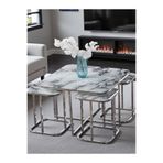 SEDAŞ LIVING UNITS 5 Li 4 1 Beyaz Mermer Temperli Cam Gümüş Metal Ayak Takım Sehpa Orta Sehpa Bohem