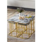 SEDAŞ LIVING UNITS 5 Li Iç Içe 4 1 Beyaz Mermer Temperli Cam Gold Metal Ayak Takım Sehpa Orta Sehpa Bohem