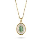 Sedef ve Oval Yeşil Taş detaylı Çelik Kolye Ucu - 14k Altın Kaplama - 15 x 24 mm (40+5 cm Çelik Zincir Hediyeli)