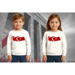 Sedirli Unisex Ay Yıldızlı 19 Mayıs 29 Ekim 23 Nisan 10 Kasım Atatürk Çocuk 3 Iplik Şardonlu Sweatshirt - Beyaz - 7 - 8 Yaş