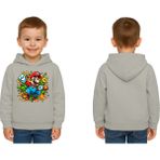 Sedirli Unisex Super Marıo Baskılı Çocuk Swaetshirt Kapşonlu 3 Iplik Şardonlu - Gri - 9 - 10 Yaş