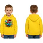Sedirli Unisex Super Marıo Baskılı Çocuk Swaetshirt Kapşonlu 3 Iplik Şardonlu - Sarı - 7 - 8 Yaş