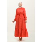 Sefa Merve Adile Çiçek Desenli Krep Elbise 0347-06 Mercan - 38 - 40