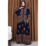 Sefa Merve Balon Kol Çini Desen Elbise 5575-01 Lacivert - 42 - 46