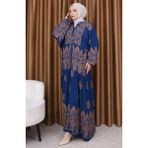 Sefa Merve Balon Kol Çini Desen Elbise 5575-02 Indigo - 48 - 54 - İndigo