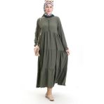 Sefa Merve Bürümcük Kumaş Fermuarlı Elbise 6999-02 Haki - 46